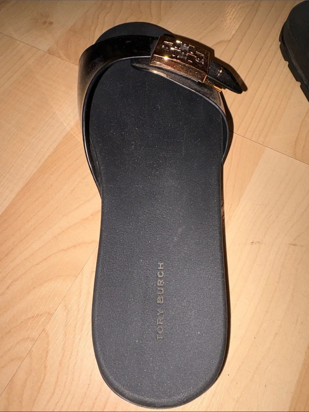 Tory Burch Black Patent Slide Sandals with Gold Logo Buckle 9